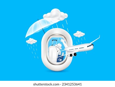 Travel rainy season. Monsoon rain clouds with water droplets falling. Airplane is taking off. Ticket, passports and luggage bag, hat in airplane window with umbrella back. Media tourism ads. 3D Vector