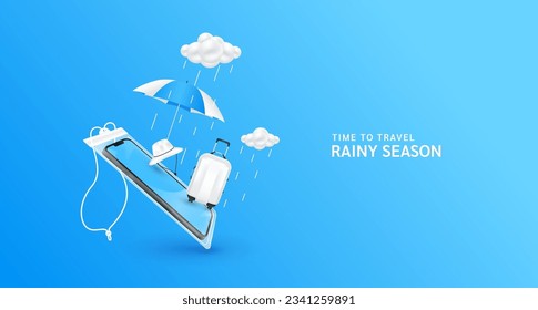 Travel in the rainy season. Monsoon rain clouds with water droplets falling. Luggage bag, hat white and umbrella float away from smartphone in waterproof pouch. For media tourism ads design. 3D Vector