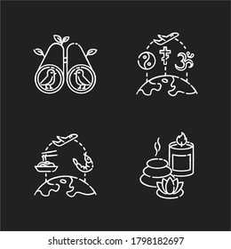 Travel and recreation chalk white icons set on black background. Birdwatching hobby, religious tourism, spa resort relaxation and international food tours. Isolated vector chalkboard illustrations