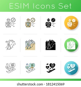 Travel and recreation icons set. Linear, black and RGB color styles. African savanna exploration, backpacking activity and romantic honeymoon journey. Isolated vector illustrations