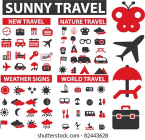 travel, recreation icons, signs, vector illustrations