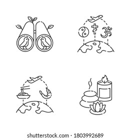 Travel and recreation pixel perfect linear icons set. Birdwatching, religious tourism, spa and food tours customizable thin line contour symbols. Isolated vector outline illustrations. Editable stroke