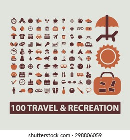 travel, recreation, vacation, summer icons, signs, illustrations set, vector