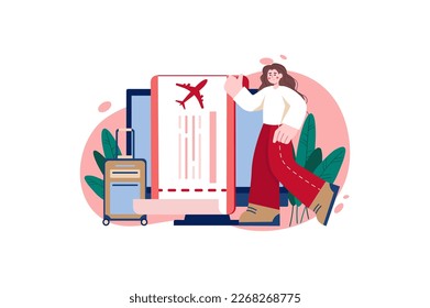 Travel red concept with people scene in the flat cartoon style. Girl is packing a suitcase and preparing tickets for a new trip. Vector illustration.