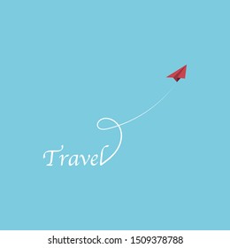 Travel with red paper plane flying to the sky, Flat style vector illustration.