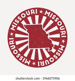 Travel red rubber stamp with the map of US state, vector illustration. Can be used as insignia, logotype, label, sticker or badge of the Missouri.