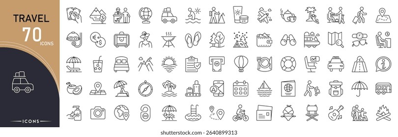 Travel related icon collections. Containing trip, location, passport, airplane, luggage, hotel, journey, map, ticket, and vacation icons. Editable Stroke. Outline icons.