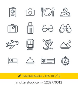 Travel Related Icons / Vectors Set - In Line / Stroke Design | Contains Such passport, camera, restaurant, map, gps, briefcase, suitcase, sun glasses, binoculars, plane, train, scenery, hotel, ticket