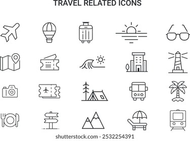 Iconos de línea relacionados con viajes, incluidos aviones, globos aerostáticos, maletas, puestas de sol, gafas, mapas, montañas y varios Elementos