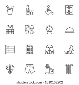 Travel related line icons set, outline vector symbol collection, linear style pictogram pack. Signs, logo illustration. Set includes icons as ferris wheel, hotel building, baggage, camping, weather