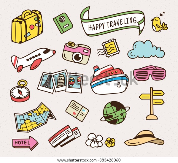 Travel Related Object Cute Cartoon Doodle Stock Vector (Royalty Free ...