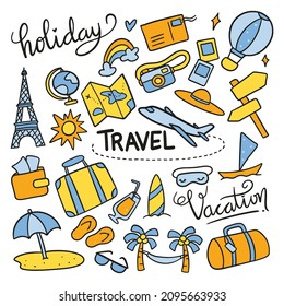 Travel related object in hand drawn doodle style vector illustration