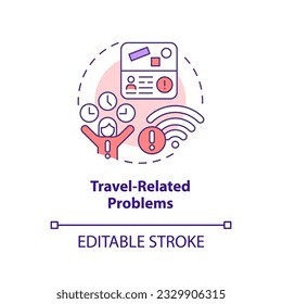 Travel related problems concept icon. Wi fi connection. Time zones. Visa application. Digital nomad lifestyle abstract idea thin line illustration. Isolated outline drawing. Editable stroke