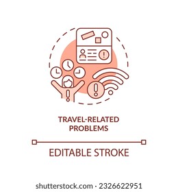 Travel related problems red concept icon. Wi fi connection. Time zones. Visa application. Digital nomad lifestyle abstract idea thin line illustration. Isolated outline drawing. Editable stroke