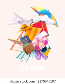 Travel and relax concept design.  Vacation illustration with suitcase, airplane and things for traveling. Beach holiday. 3D Realistic vector illustration.