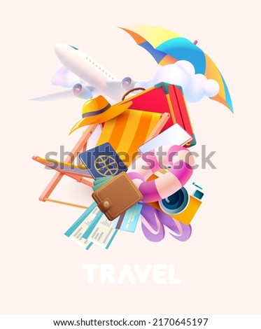 Travel and relax concept design.  Vacation illustration with suitcase, airplane and things for traveling. Beach holiday. 3D Realistic vector illustration. Foto stock © 