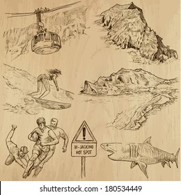 Travel : Republic Of SOUTH AFRICA set no.4. Collection of hand drawn illustrations. Each drawing comprises two or three layers of outlines, the colored background is isolated.