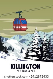 Travel resort Killington Ski poster vintage. Vermont USA winter landscape travel card