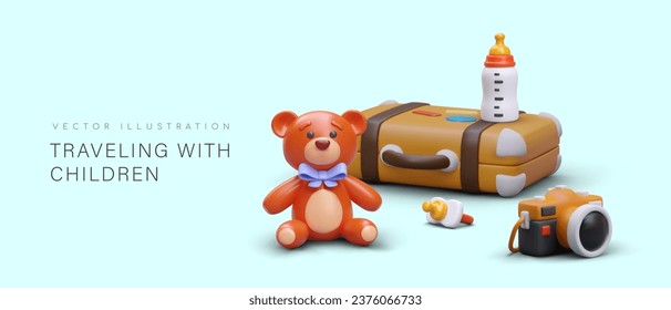 Travel and rest with children. Children items that should be taken with you on trip. Cute 3D illustration in cartoon style. Travel agency services, easy routes, comfort for small passengers