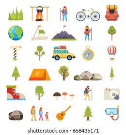 Travel Rest Symbols Tourist Accessories Icons Flat Set Design Template Vector Illustration