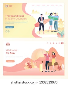 Travel and rest in warm countires or trip to Asia webpage. Tourist holding map and handbag, man standing with surf, flat design style of travelers vector