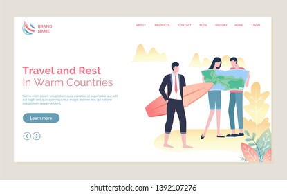 Travel and rest in warm countries, couple standing with map, person in suit holding surf, full length view of people, holiday tour online vector. Website or webpage template, landing page flat style