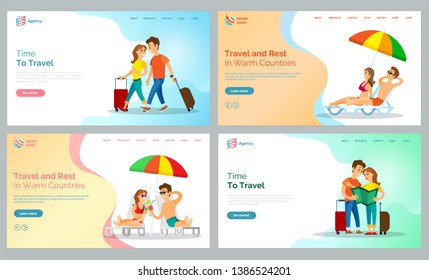 Travel and rest in warm countries vector, people walking with baggage and couple lying on chaise longue under umbrella shade. Tourism destination website or webpage for travel agency, landing page