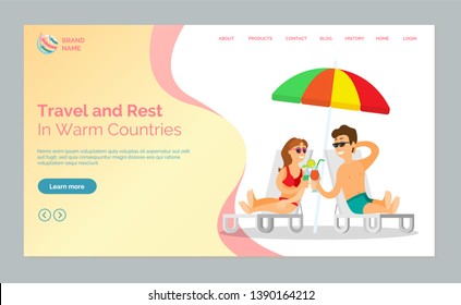 Travel and rest in warm countries vector, man and woman drinking exotic cocktails while sitting on chaise longue at beach, seaside vacation and relax. Website or webpage template, landing page flat