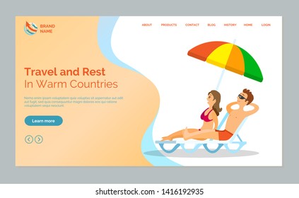 Travel and rest in warm countries vector, man and woman spending vacation at beach, summertime holidays and relaxation. People wearing bathing suits. Website or webpage template, landing page flat