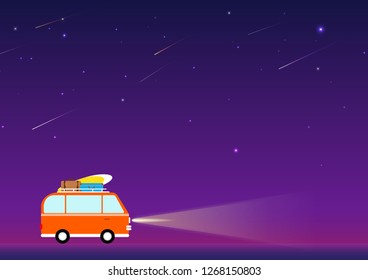 Travel Retro Car On Road Trip Cartoon Vector Illustration.Vacation Orange Classic Van Car On Night Blue Purple Sky With Star,shooting Star Concept.Minimal Tourist Driving On Road Style.