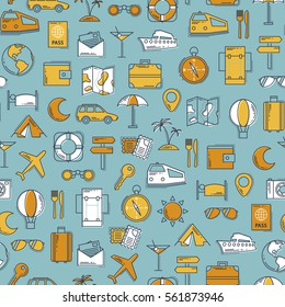 Travel retro line icons vector seamless pattern. Vintage classic colors background. Illustration for web and mobile. Vacation concept