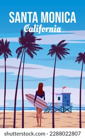 Travel retro poster California Santa Monica Beach vector