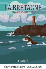 Travel retro poster La Bretagne France Lighthouse