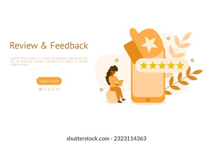 travel review illustration set. characters giving reviews star point with opinion for journey. review rating and journey experience concept. vector illustration.