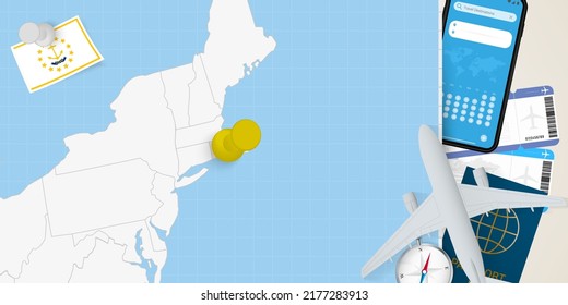 Reisen Sie zu Rhode Island Konzept, Karte mit Pin auf Karte von Rhode Island. Reisevorbereitung Karte, Flagge, Reisepass und Tickets. Vektorgrafik in flachem Design.