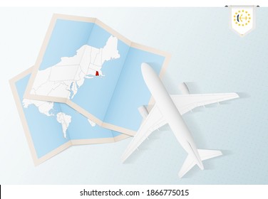 Travel to Rhode Island, top view airplane with map and flag of Rhode Island. Travel and tourism banner design.