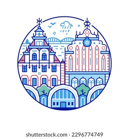 Travel Riga icon with merchant Black Head house at town hall square, Central market and Baltic sea. Latvia capital circle emblem in line art design.