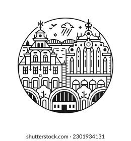 Travel Riga icon with merchant Black Head house at town hall square, Central market and Baltic sea. Latvia capital circle emblem in line art design.