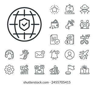 Signo de cobertura de riesgo de viaje. Iconos de salariales, igualdad de género y campanas de alerta. Icono de línea de seguro global. Símbolo de protección del tomador. Signo de línea de seguro global. Vector