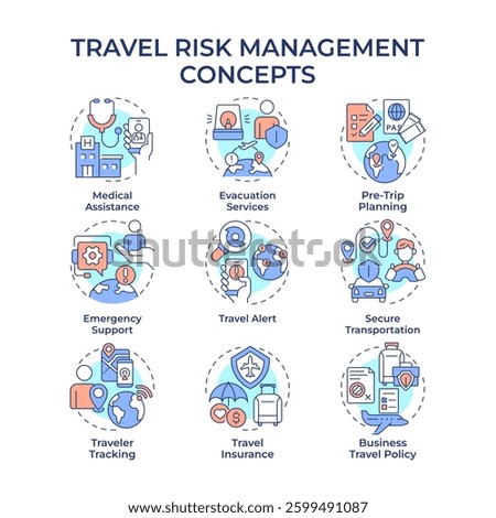 Travel risk management multi color concept icons. Business journey security service. Tourist insurance policy. Icon pack. Vector images. Round shape illustrations for presentation. Abstract idea