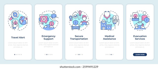 Travel risk management services onboarding mobile app screen. Walkthrough 5 steps editable graphic instructions with linear concepts. UI, UX, GUI template
