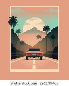  Travel road, car driving along the road among palm trees, vector flat illustration