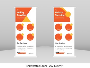 Travel Roll Up Banner Design, Travel agency Service Roll Up Banner,Travel flyer examples Service Banner Design, Travel agency promotional DL Flyer, Trend Business Roll Up Banner Design, Creative Vecto