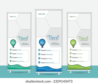 Travel Roll Up Banner Design template, stand design. advertisement. display, and Travel Business agency Roll Up Template Banner. Corporate digital Roll Up Banner.