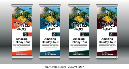 Travel Roll Up Banner Design Vector Template Background Orange Blue Green Purple Textures 