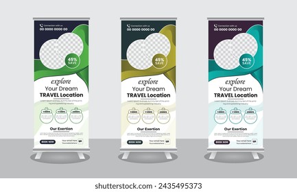 Travel Roll Up Set. Standee Design. Banner Template, Abstract Blue Geometric Triangle Background vector, flyer, presentation, leaflet, j-flag, x-stand, x-banner, exhibition display