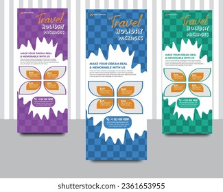 Travel rollup banner design template. Tour and Travel rollup or X banner. Travel rollup banner or tourism company stand banner vector design with different color variation