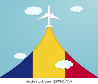 Travel to Romania by flight, destination concept, vacation in Romania, plane vector design, paper cut effect with blue sky and airplane, summer trip idea, country tourism banner