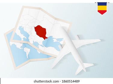 Travel to Romania, top view airplane with map and flag of Romania. Travel and tourism banner design.