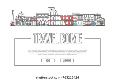 Travel Rome. Italian architecture landscape linear vector illustration. Travel poster with Rome attraction on white background